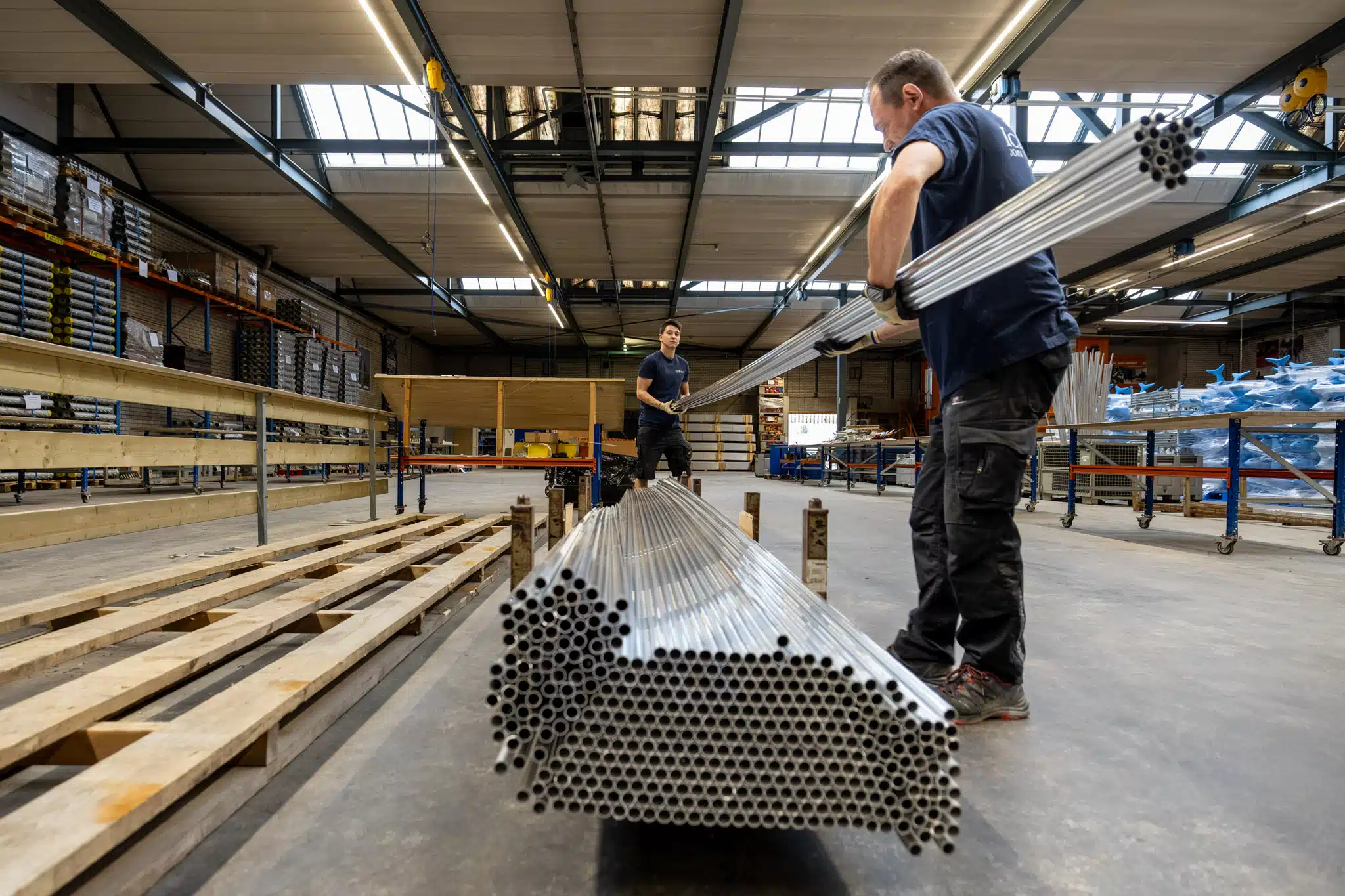 Aluminium mobile ice rink elements being prepared for the winter season